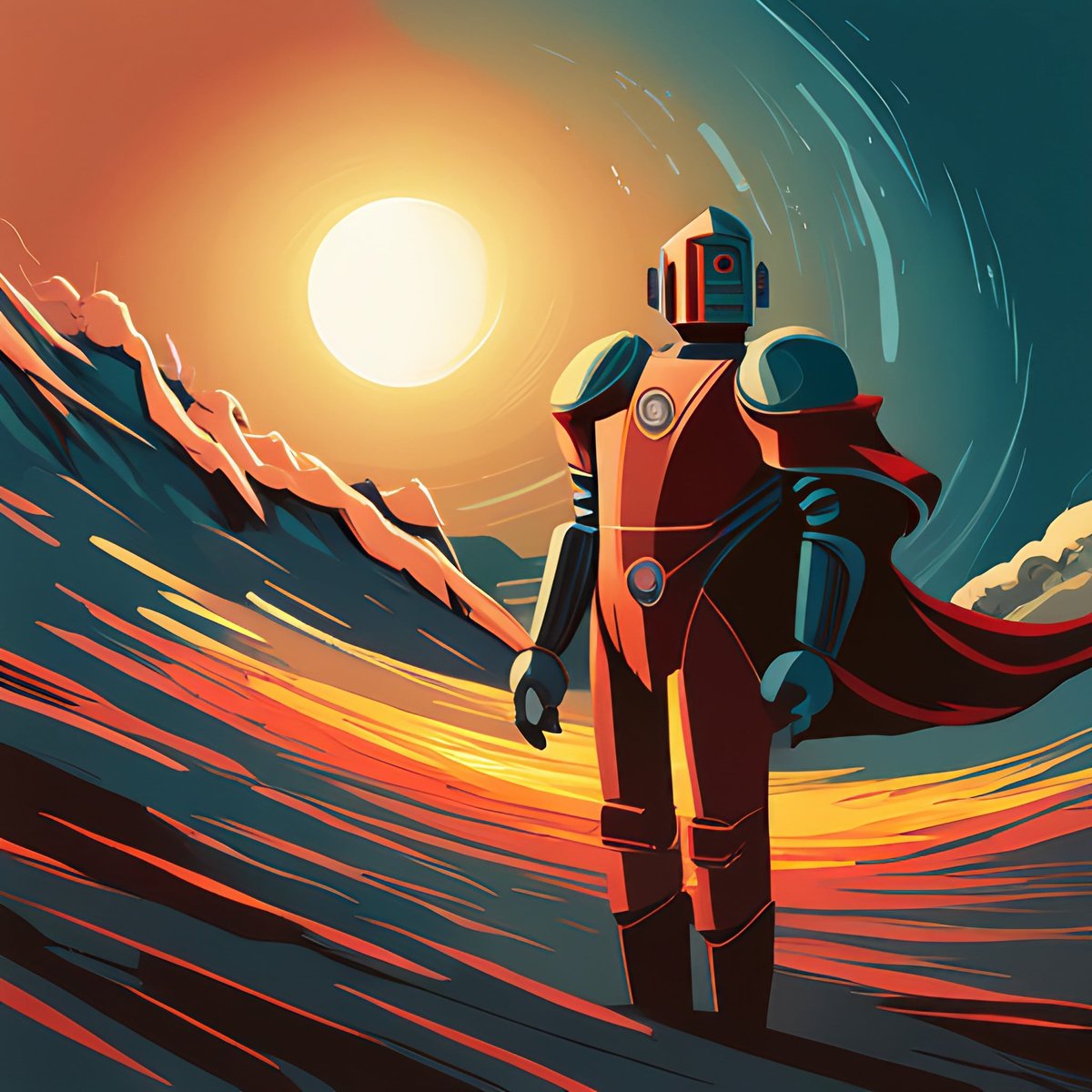 A robot superhero thwarting a massive meteor threatening Earth