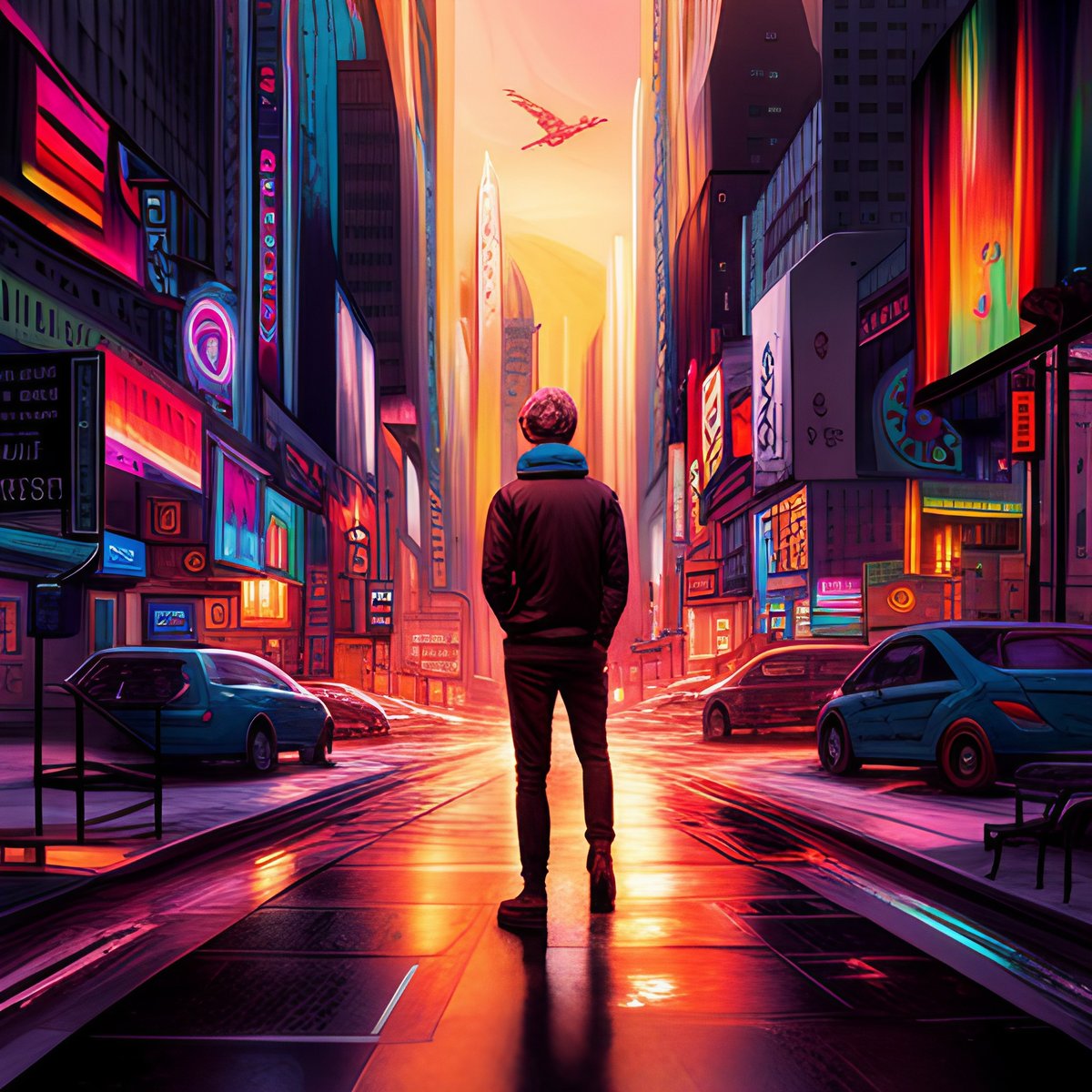 Surreal cyberpunk digital artwork of a man standing in the middle of a city